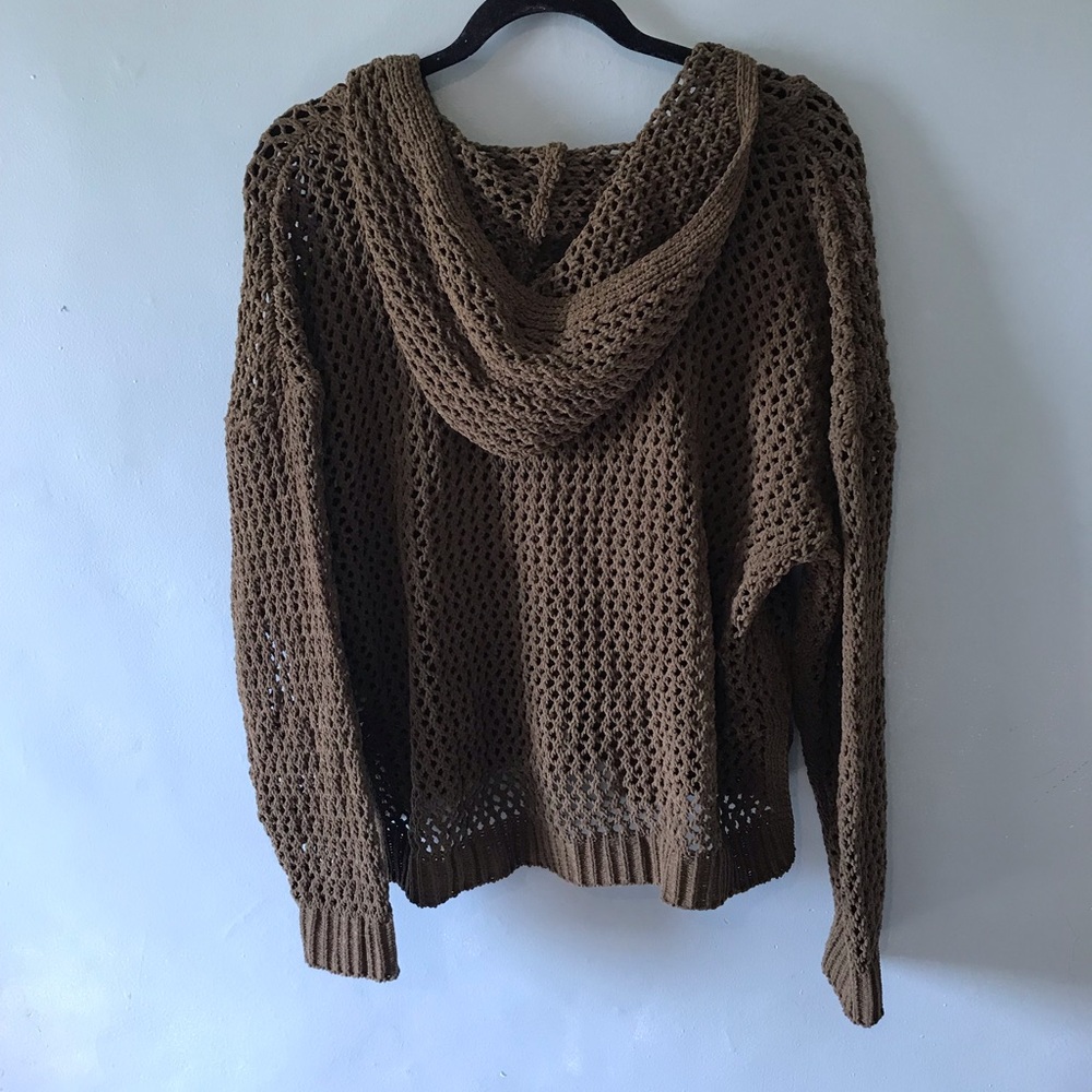 Maurices Olive Open-Weave V-Neck Hoodie Sweater - Picture 4 of 4